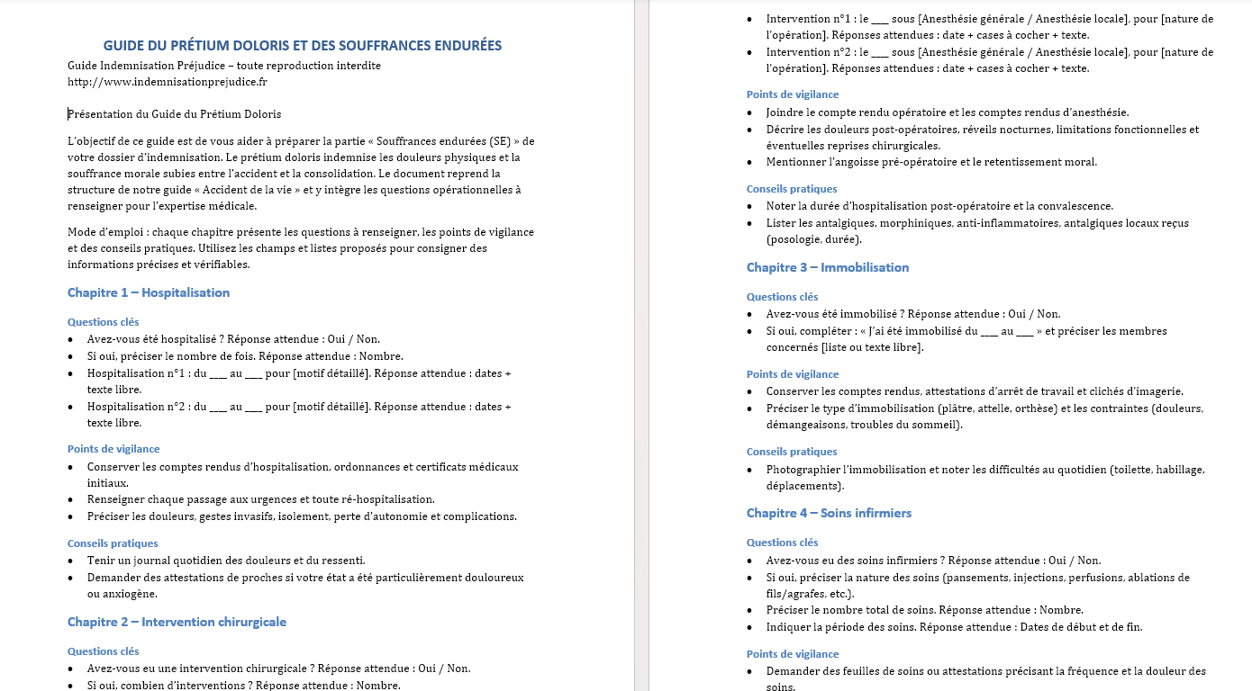 Pretium Doloris - Souffrances Endurées - Préparez vous à l'expertise médicale - Contactez nous